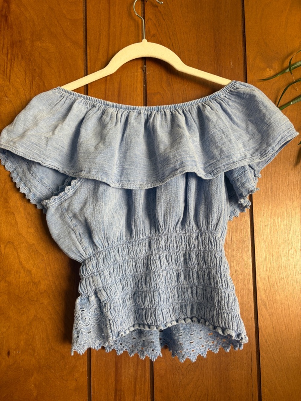 Light Blue Off-Shoulder Ruffled Peasant Top - Picture 3 of 5